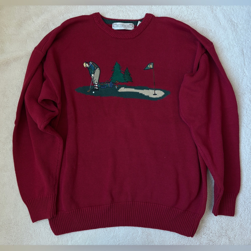 Vintage John Ashford Golf Burgundy Golf Crewneck Sweater Men Size XL